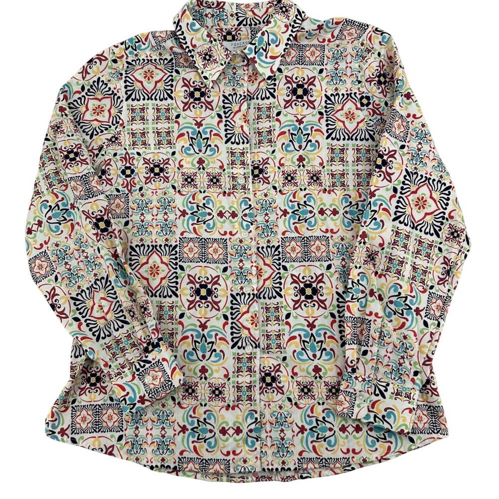 Foxcroft Medallion Tile Print Button Down Shirt Womens 14 Cotton Vibrant Preppy
